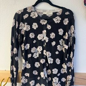 LOFT Black and Cream Floral Button-Up Cardigan